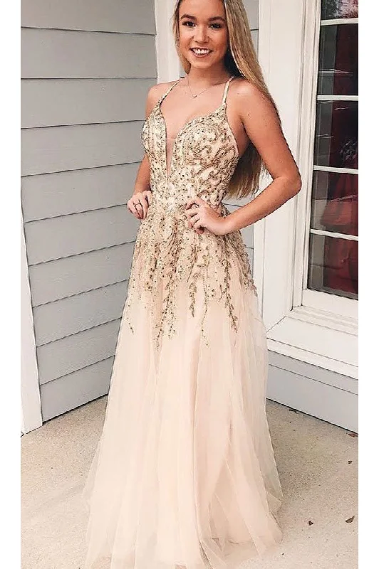 Special Price Charming Appliques Spaghetti Straps Tulle Long Prom Dresses V-Neck Evening Dresses N1697