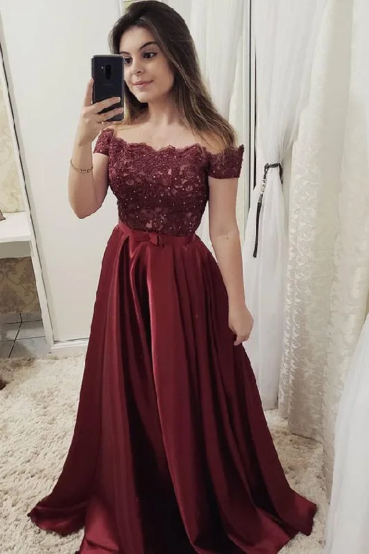 Weekend Special Burgundy Off Shoulder Satin Prom Dresses with Lace A Line  Formal Dresses N1571