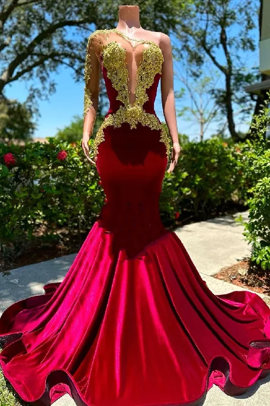 Limited Quantity Long sleeves One shoulder Gold Appliques Burgundy Prom Dresses