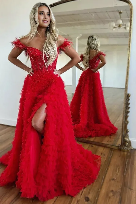 Savings Galore Red A Line Sweetheart Tiered Tulle Long Prom Dress With Slit