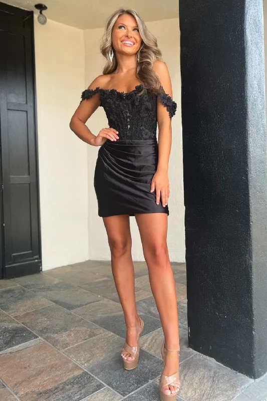 Hurry In Black Bodycon Off The Shoulder Lace Top Short Satin Homecoming Dress