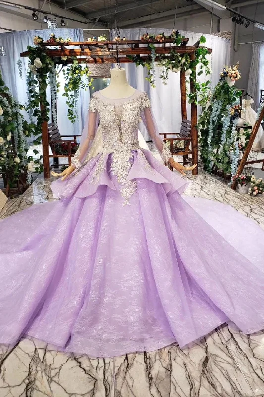 Great Bargains Stunning Long Sleeve Ball Gown Appliques Beading Lilac Quinceanera Dresses N2031