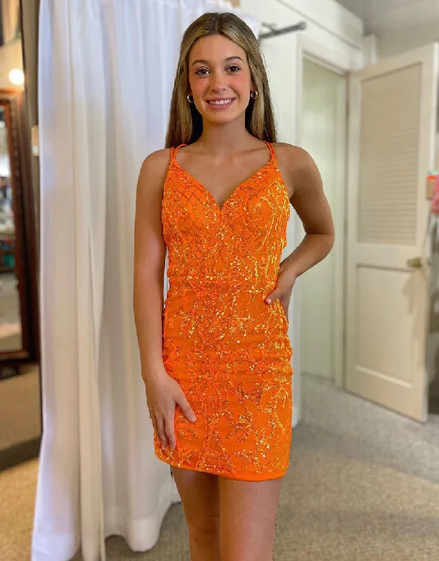 Blowout Deals Bodycon Orange Criss-Cross Back Glitter Homecoming Dress