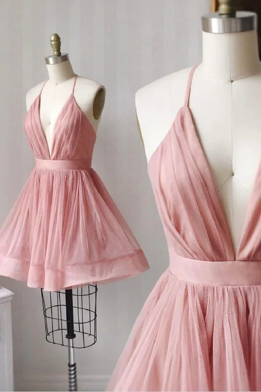 Midnight Madness Pink A-line Deep V-neck Homecoming Dress