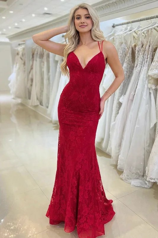 Factory Direct Sale Red Lace V Neck Mermaid Prom Dress