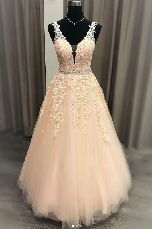 Bargain Blast Floor Length V-Neck Sleeveless Tulle Prom Dresses with Appliques Puffy Quinceanera Dresses N2204
