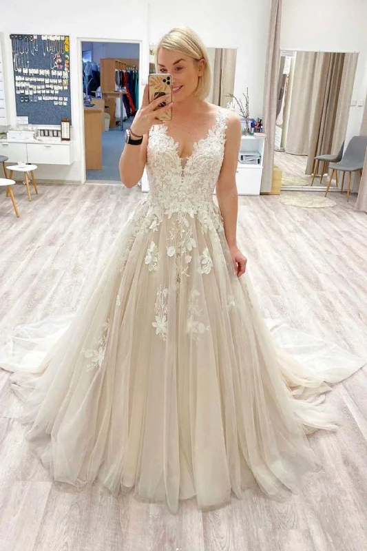 Limited Availability Beautiful A Line V Neck Champagne Wedding Dress with Appliques