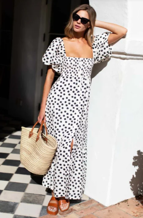 Markdowns Santiago Maxi Dress - Handpainted Dots Pearl + Polar Linen