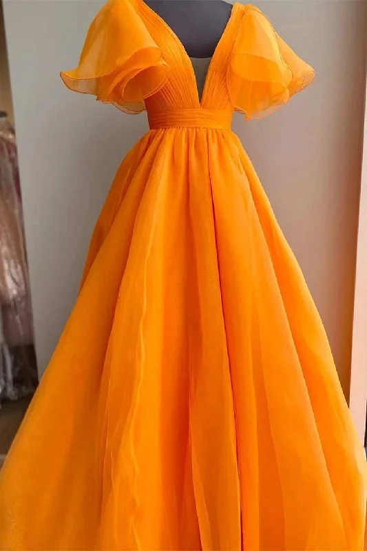 Exclusive Preview Orange Plunge V Ruffled Sleeve A-Line Long Formal Dress