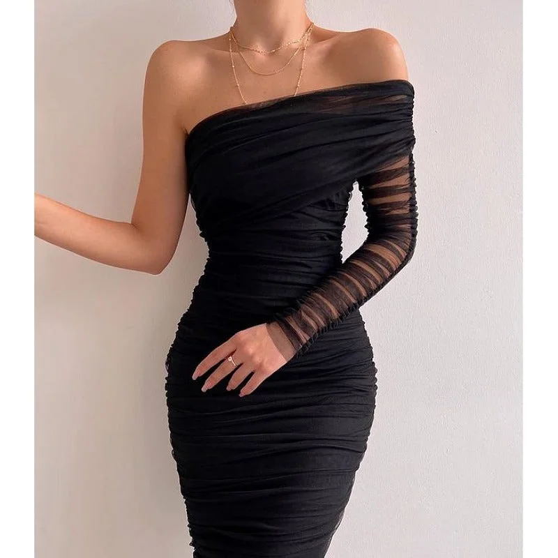 Price Fest Black Mesh One-Shoulder Backless Dress
