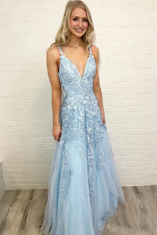 Extra Savings A Line Spaghetti Straps V-Neck Lace Appliques Tulle Prom Dresses
