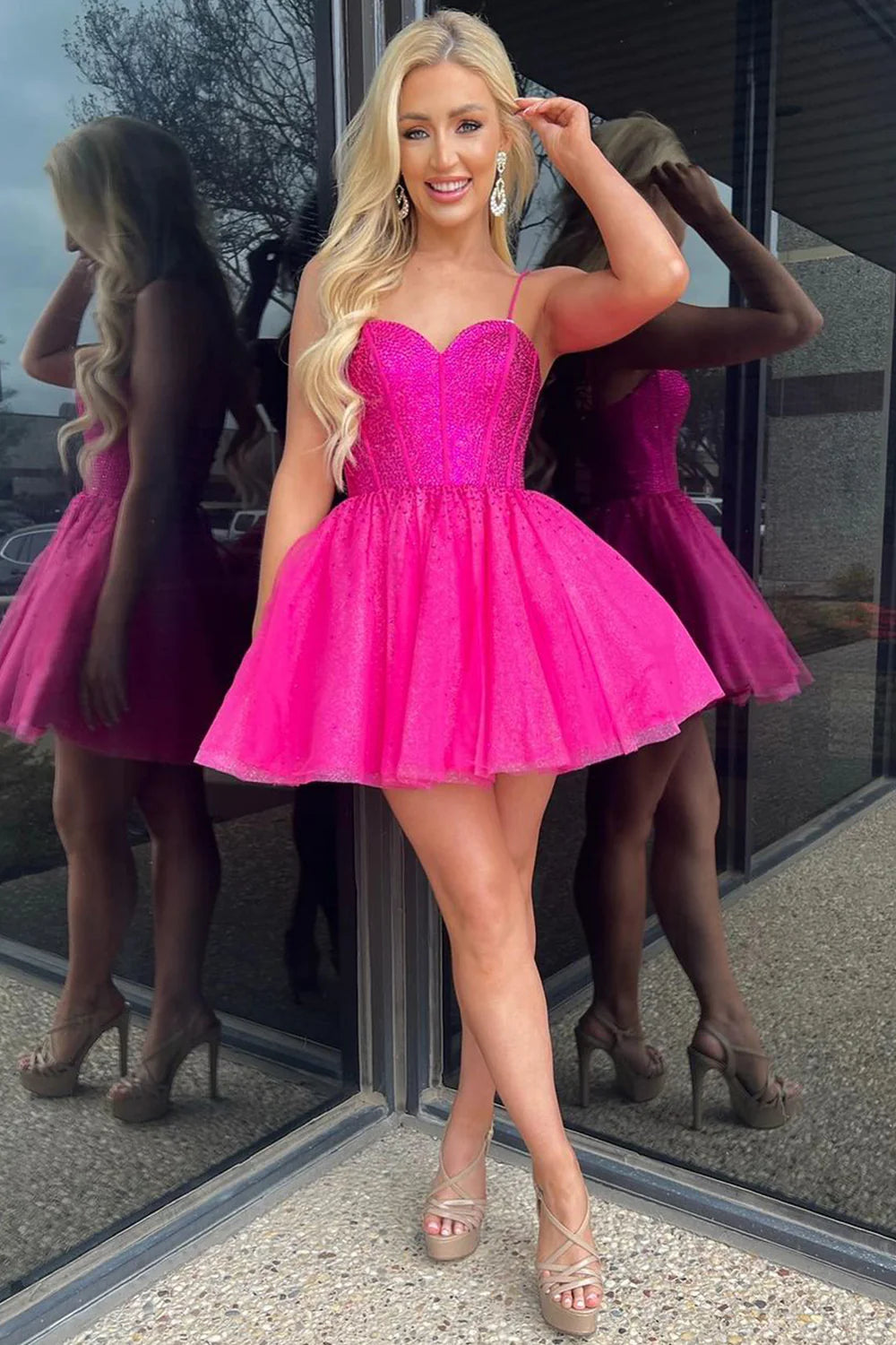 Today’s Deal A-Line Spaghetti Straps Hot Pink Short Homecoming Dress with Beading