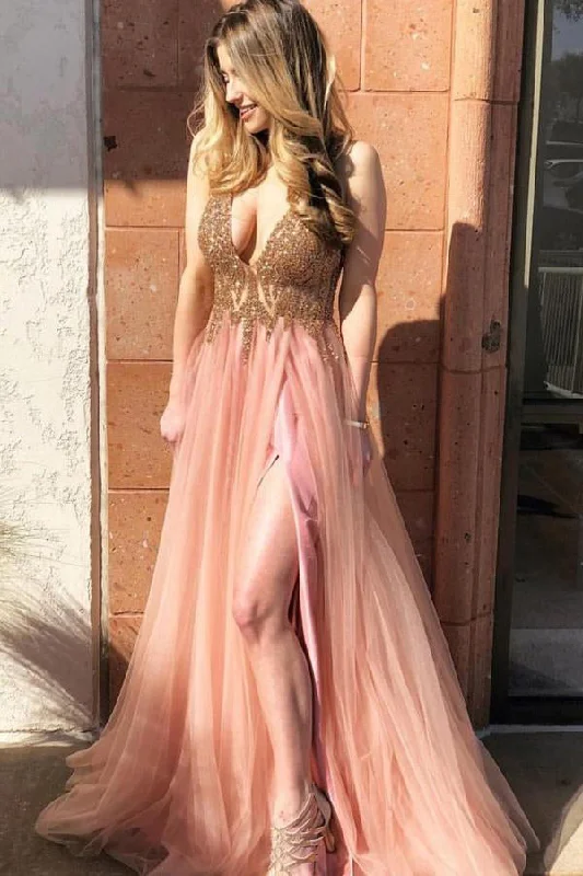 Shop and Save Sexy Deep V Neck Sleeveless Tulle Long Prom Dresses A Line Beading Formal Dresses N1612