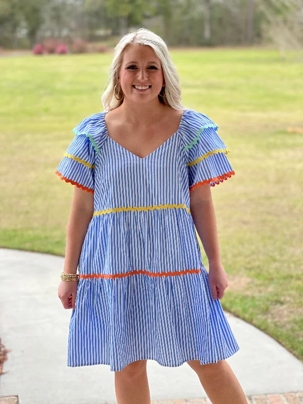 Price Meltdown Entro Ruffle Sleeve Dress - Blue Stripes + Ric Rac