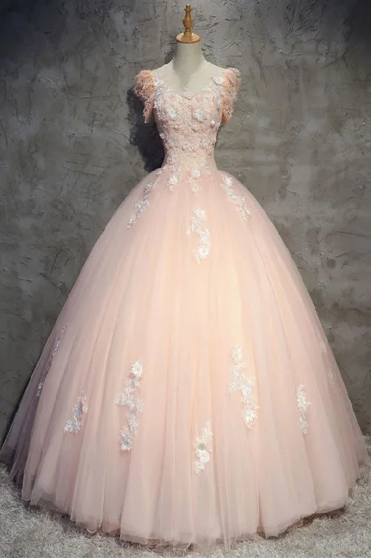 Bonus Savings Light Peach Tulle Long Prom Dresses with Flowers Princess Ball Gown Sheer Neck Party Dresses N2202
