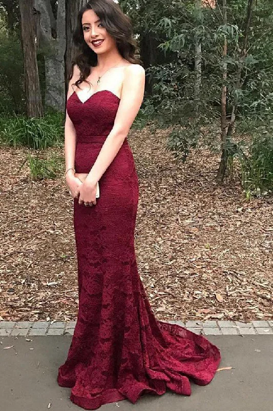Incredible Offers Burgundy Lace Prom Dresses Mermaid Sweetheart Strapless Lace Evening Dresses N1618