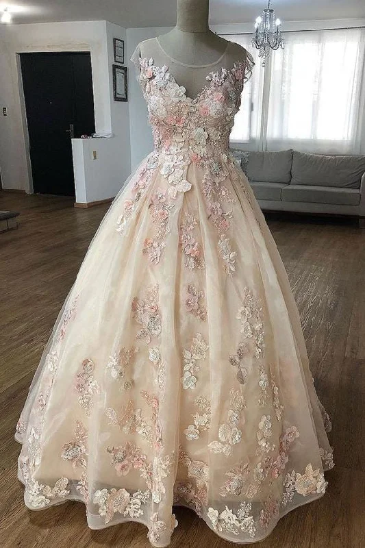 Buy Now Puffy Sheer Neck Floor Length Party Dresses with Flowers Long Prom Gown with Appliques N1742
