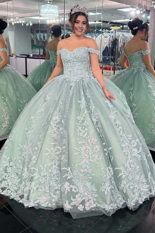Super Bargain Off-the-Shoulder Dusty Sage Appliques With Lace Up Quinceanera Dress