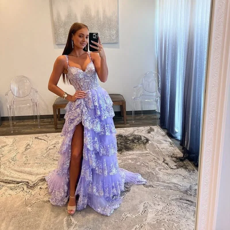 Limited Time Discount Lavender Princess A Line Off the Shoulder Corset Prom Dress with Lace Ruffles