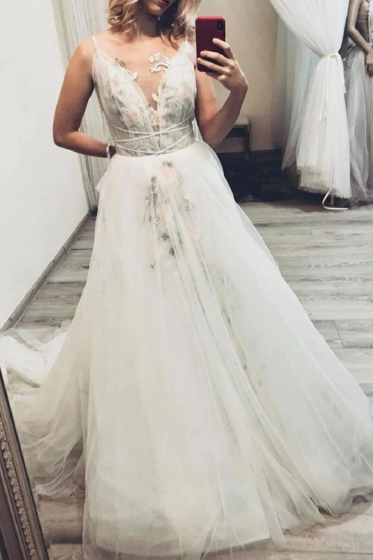 Sale Event Gorgeous A Line V Neck White Wedding Dress with Appliques
