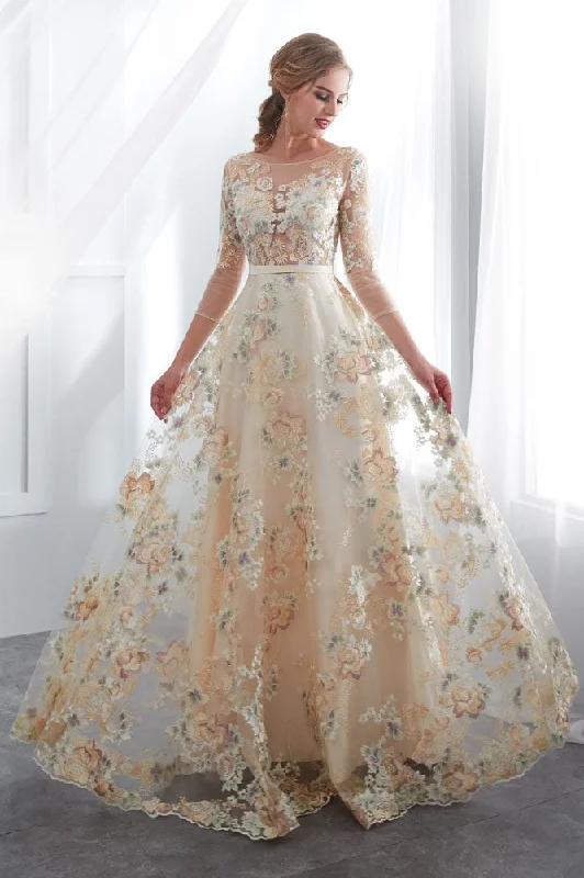 Daily Deals A Line 3/4 Sleeves Floor Length Floral Prom Dresses Long Evening Gowns N2277