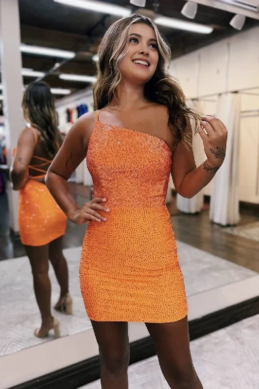 Friends and Family Sale Sheath One Shoulder Lace Up Tight Beaded Homecoming Dress