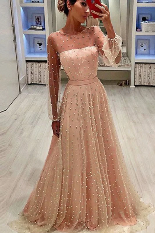 Mega Sale A Line Jewel Long Sleeves Pearl Pink Long Prom Dresses with Pearls N1744