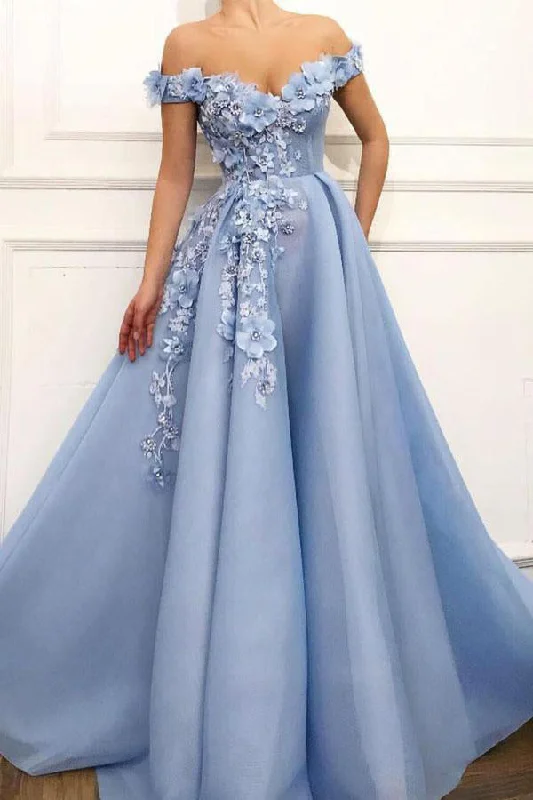 Price Rollback A Line Off the Shoulder Long Prom Dresses With Flower Appliques