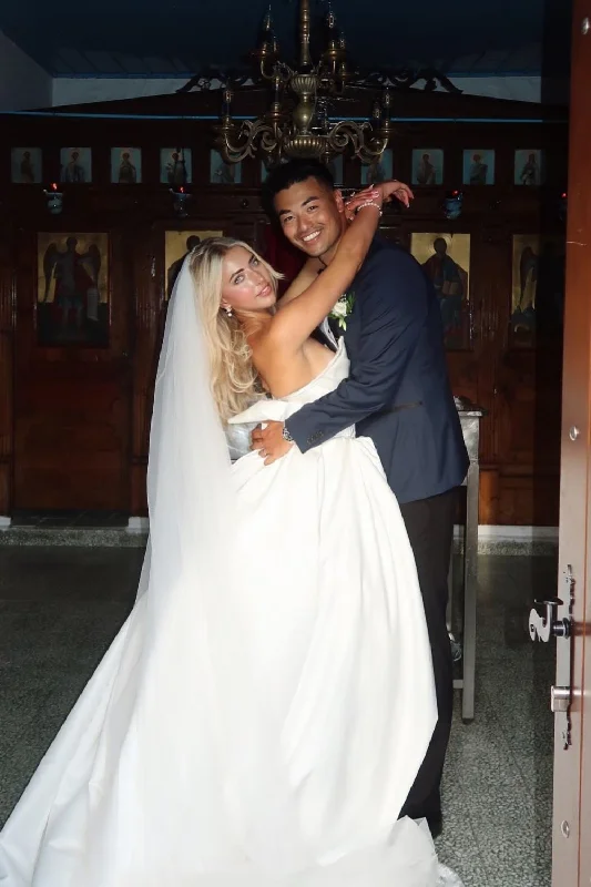 Savings Galore Classic A Line Strapless Long White Wedding Party Dress with Sweep Train