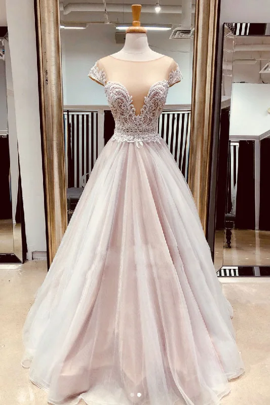 Limited Quantity A Line Sheer Neck Cap Sleeves Prom Dress with Lace Appliques Long Senior Dress N1535