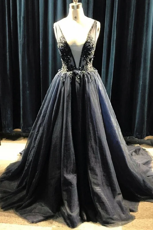 Deep Discounts Black Tulle Deep V-Neck Long Beaded Prom Dresses with Appliques Puffy Formal Dresses N1740
