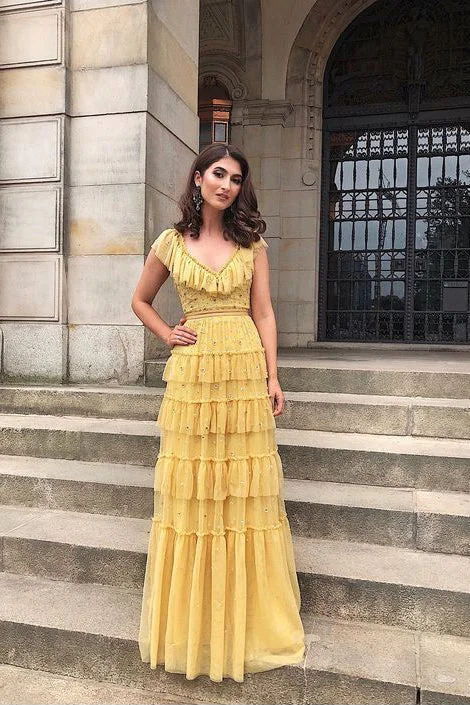 Price Drop Unique Ruffles V-Neck Floor Length Tulle Yellow Prom Dresses N2245