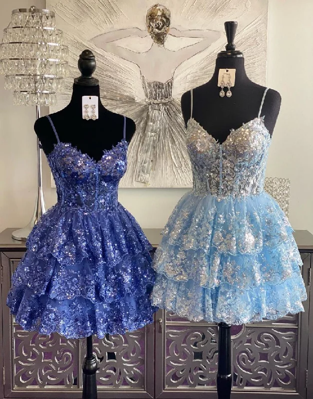 Season Finale Sale Cute A-Line Spaghetti Straps Short Layered Glitter Homecoming Dress