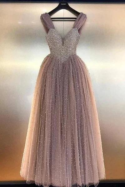 Blowout Deals Charming Beaded V-neck Prom Dresses A Line Floor Length Tulle Evening Gowns N2033
