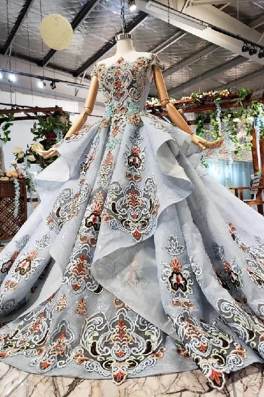 Unmissable Offer Ball Gown Blue Cap Sleeve Long Prom Dress Lace up Beading Quinceanera Dress N1997