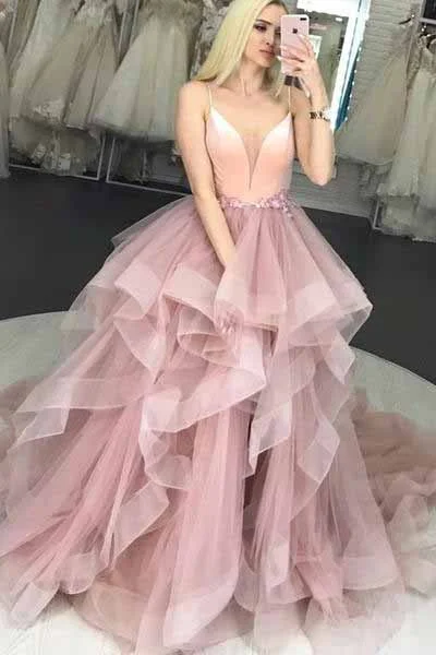 Markdowns Spaghetti Strap V-Neck Puffy Long Prom Dress Unique Long Party Dress with Ruffles N1757