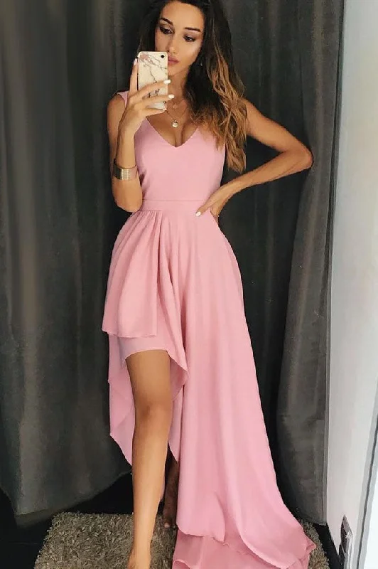 Best Deals A Line V-Neck High Low Pink Simple Long Prom Dresses Unique Chiffon Formal Dresses N1691