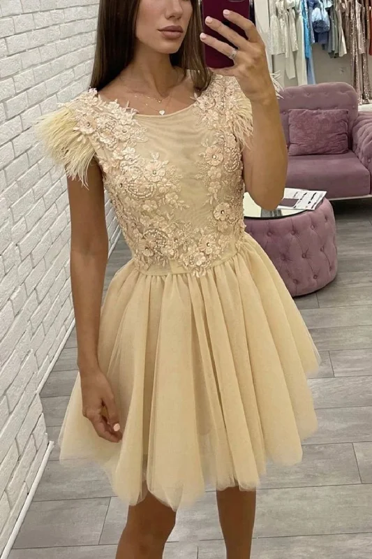 Act Fast Champagne A-line Short Homecoming Dress WIth Beading Applique