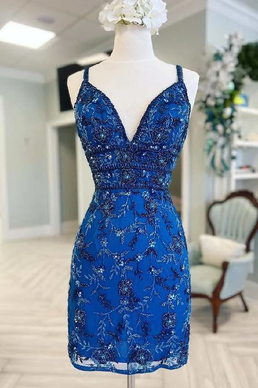 Crazy Deals Blue Floral Lace Beaded Lace-Up Back Cocktail Dress