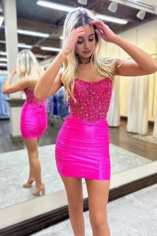 Bargain Bin Fuchsia Strapless Sequins Bodycon Short Homecoming Dresses