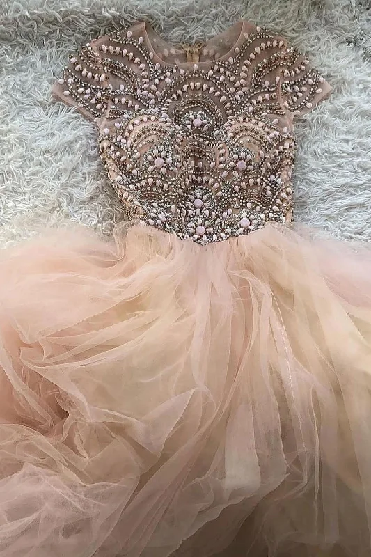 Price Buster Floor Length Round Neck Tulle Prom Dresses with Beading Short Sleeves Long Evening Dresses N2205
