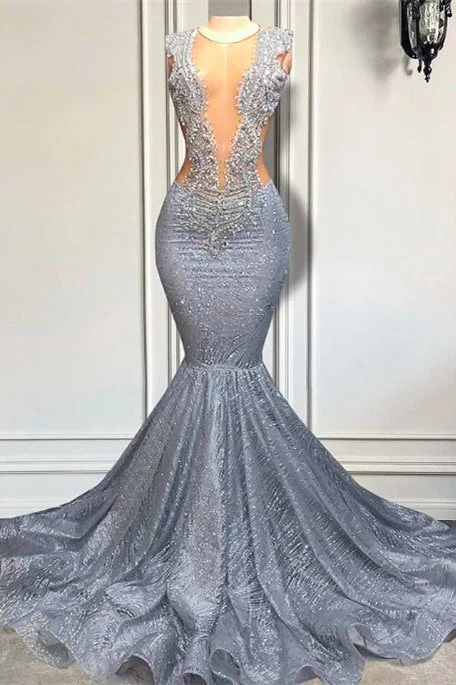 New Arrival Silver Sequins Mermaid Prom Dress Long With Beads