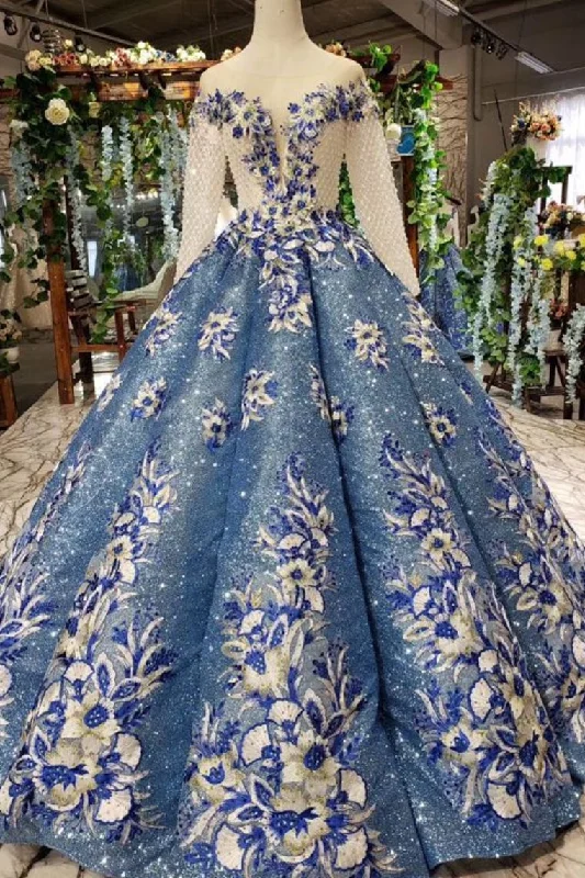 Online Exclusive Ball Gown Prom Dress Sheer Neck Long Sleeves Lace Up Back Sequins Appliques N1715