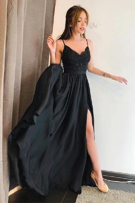 Quick Sale Black Spaghetti Straps V-Neck High Split Lace Prom Dresses