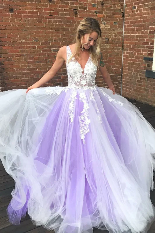 Savings Spectacular A Line White and Purple Tulle V-Neck Appliqued Floor Length Prom Dresses