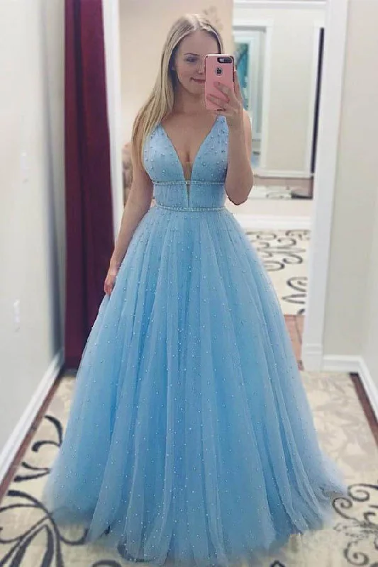 Don't Wait Sky Blue V-Neck Floor Length Prom Dresses with Beading A Line Tulle Formal Dresses N1559