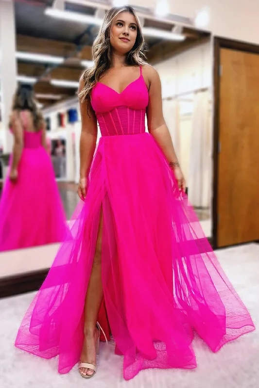 Special Discount Fuchsia V-Neck Sheer Bodice A-Line Long Prom Dress with Slit