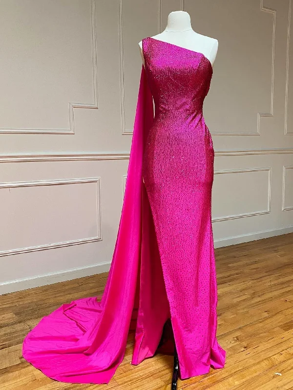 Massive Deals One Shoulder Glitter Mermaid Pink Long Prom Dress
