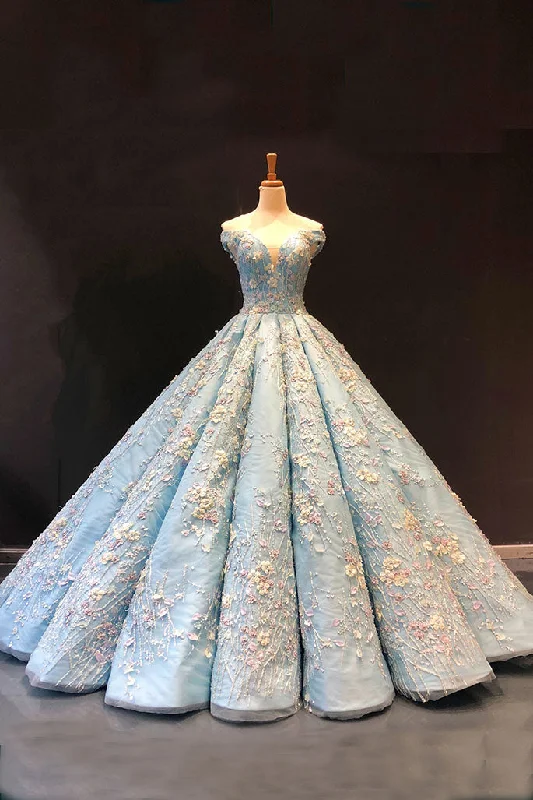 One-DAY Sale Light Blue Off the Shoulder Ball Gown Quinceanera Dresses Senior Lace Prom Dresses N1552