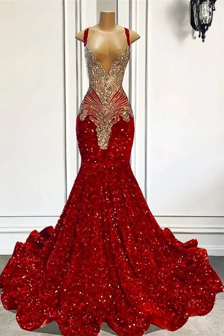Exclusive Deal Red Sequins Mermaid Prom Dress Sleeveless With Crystal